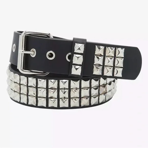 Hot Topic Three Row Black Studded Belt with Silver Pyramid Hardware - Picture 1 of 6
